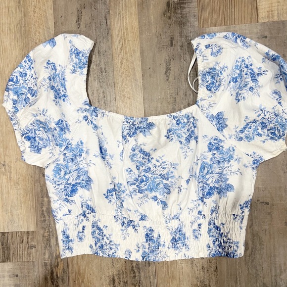 Monteau Los Angeles Blue Floral Toile Puff Sleeve Crop Top XL Sweetheart Lace - Picture 6 of 8